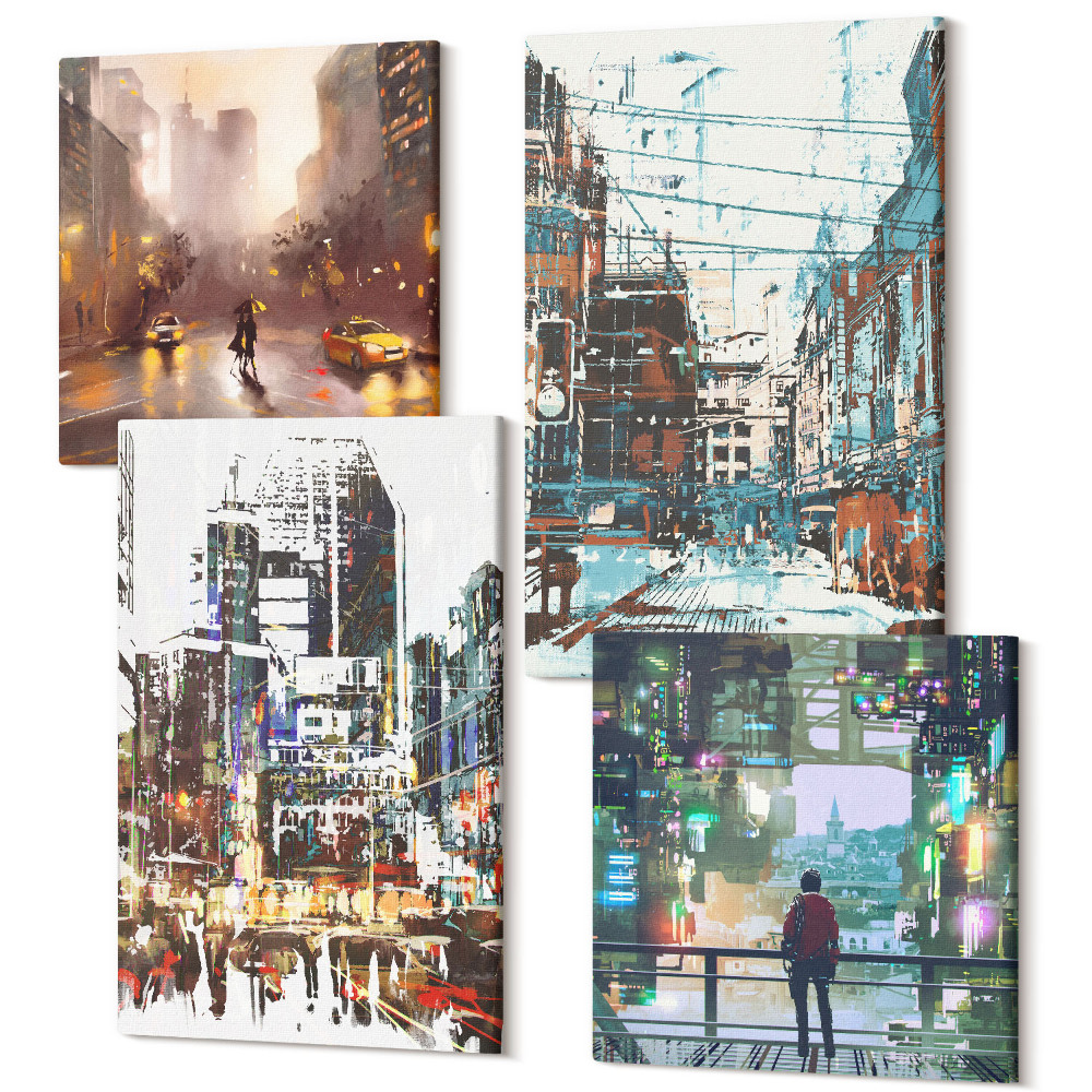 Tablouri canvas set 4 piese Orașe moderne în culori cu o figură în fundal