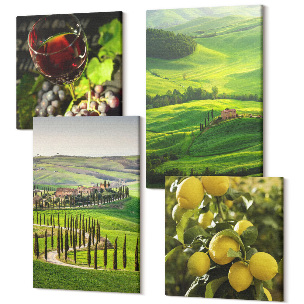 Tablouri multicanvas 4 piese Peisaje italiene cu citrice și dealuri verzi