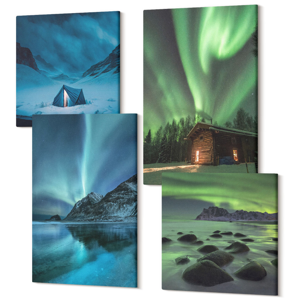 Tablou 4 piese Peisaje de iarnă cu aurora boreală peste munți