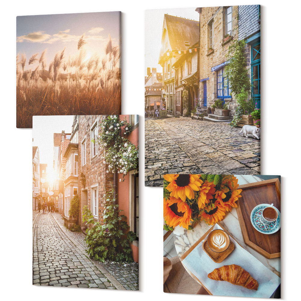 Tablouri multicanvas 4 piese Străzi fermecătoare cu cafea și floarea soarelui