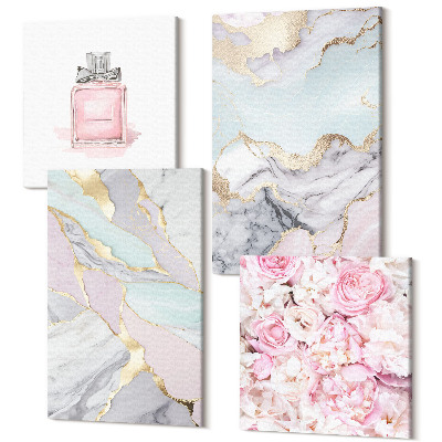 Tablou 4 piese Flori roz cu modele de marmură și pastel