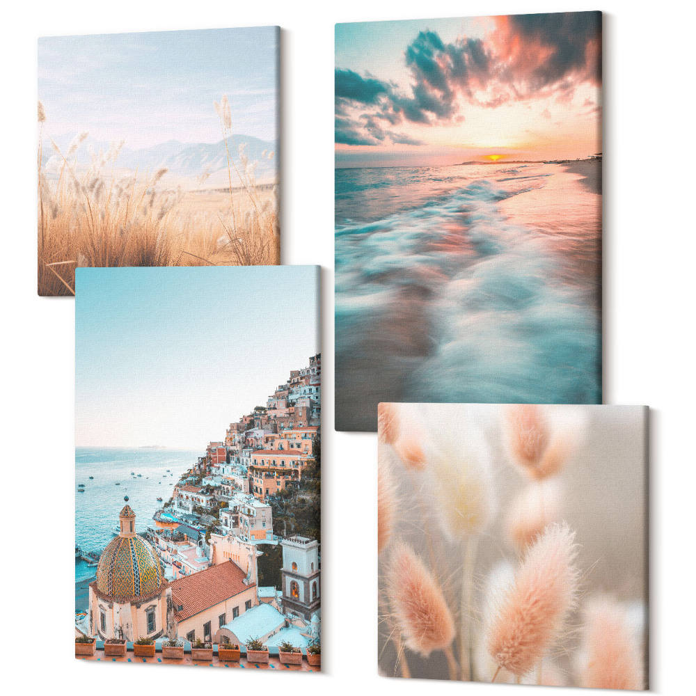 Tablouri multicanvas 4 piese Vedere la mare apus de soare case colorate flori