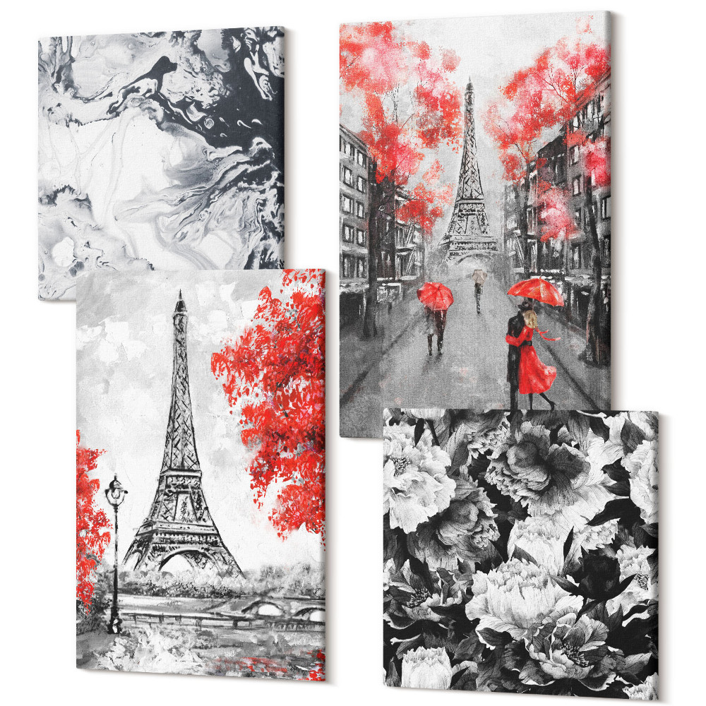 Tablouri canvas set 4 piese Tablouri gri Turnul Eiffel cu accente roșii