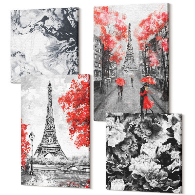 Tablouri canvas set 4 piese Tablouri gri Turnul Eiffel cu accente roșii