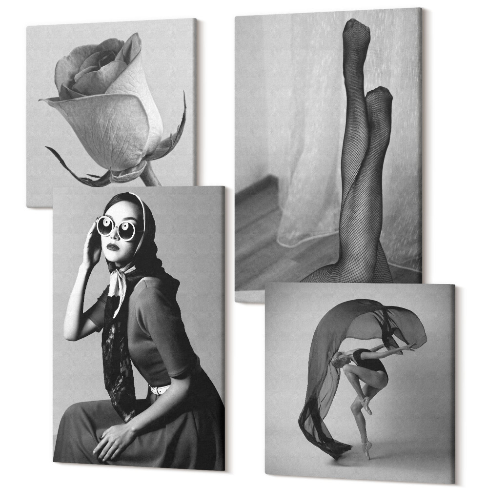 Tablou 4 piese Portrete alb-negru elegante ale femeilor în ipostaze elegante
