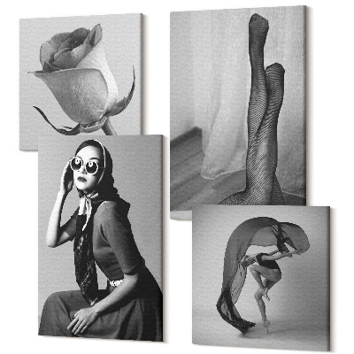 Tablou 4 piese Portrete alb-negru elegante ale femeilor în ipostaze elegante