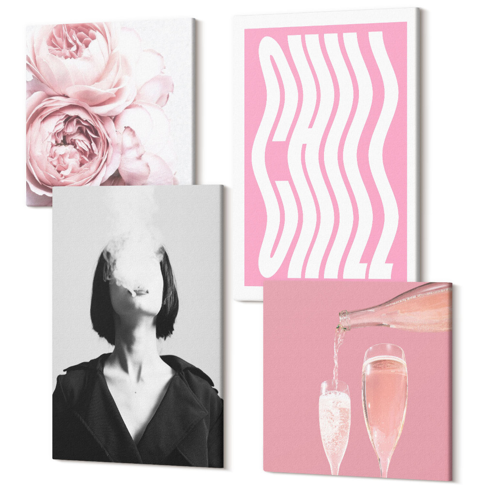 Tablouri canvas set 4 piese Portret elegant al unei femei, șampanie, trandafiri, relaxare