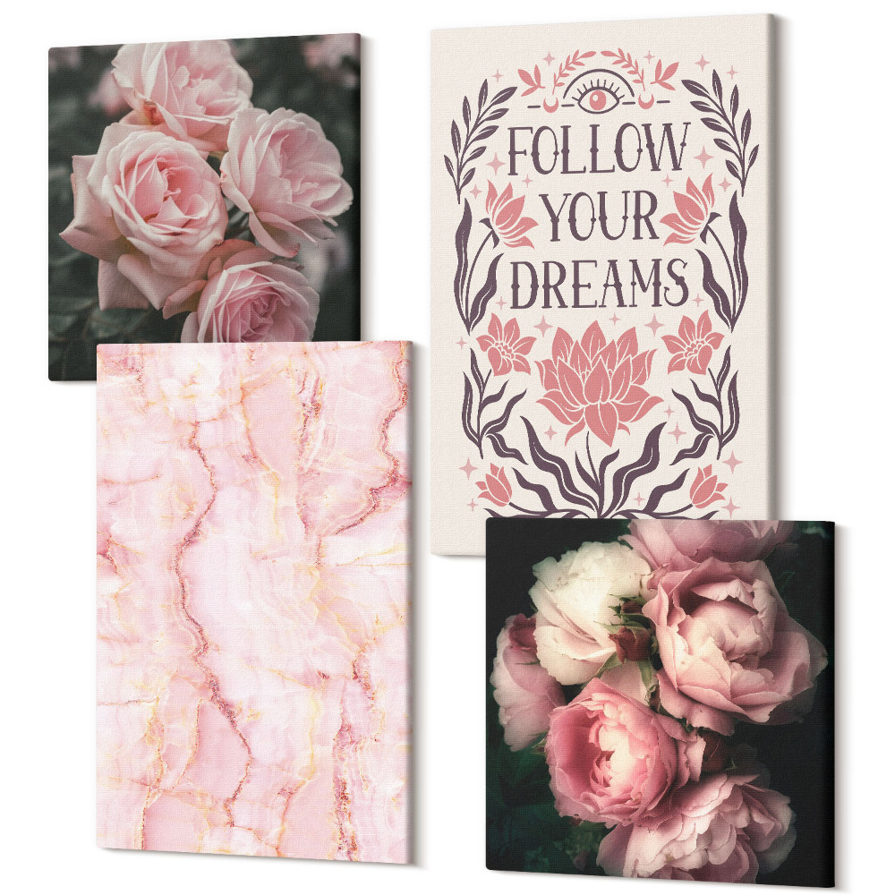 Tablouri multicanvas 4 piese Inscripție de marmură cu trandafiri vintage despre vise