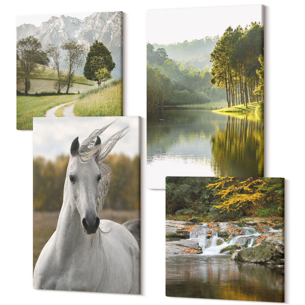 Tablouri canvas set 4 piese Cai albi lângă râu peisaj natural