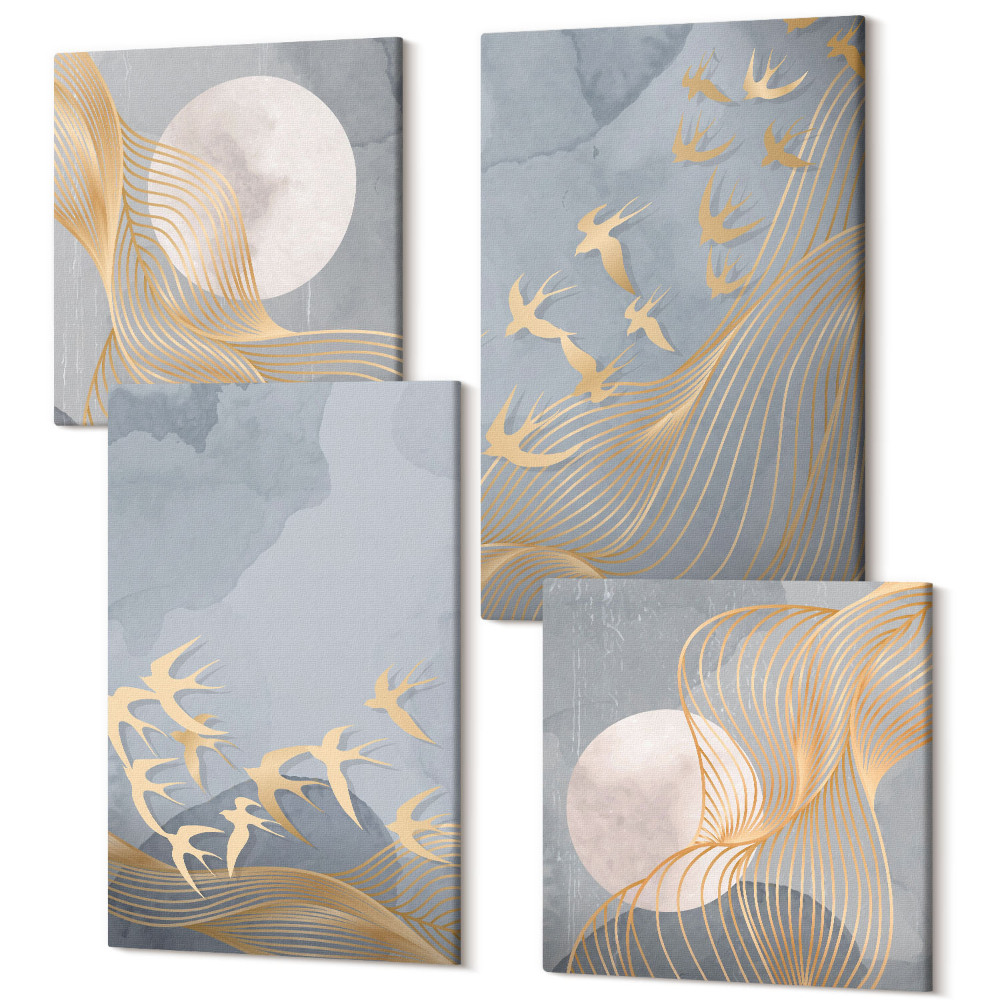 Tablouri multicanvas 4 piese Păsări în zbor împotriva cerului și a lunii