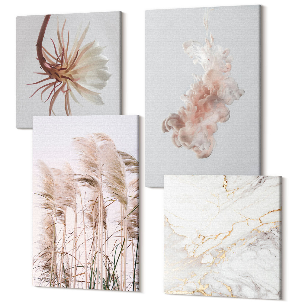 Tablouri multicanvas 4 piese Flori elegante și ierburi marmură albă