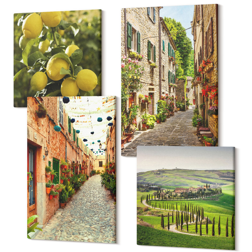 Tablouri canvas set 4 piese Străzi fermecătoare cu flori și lămâi în fundal