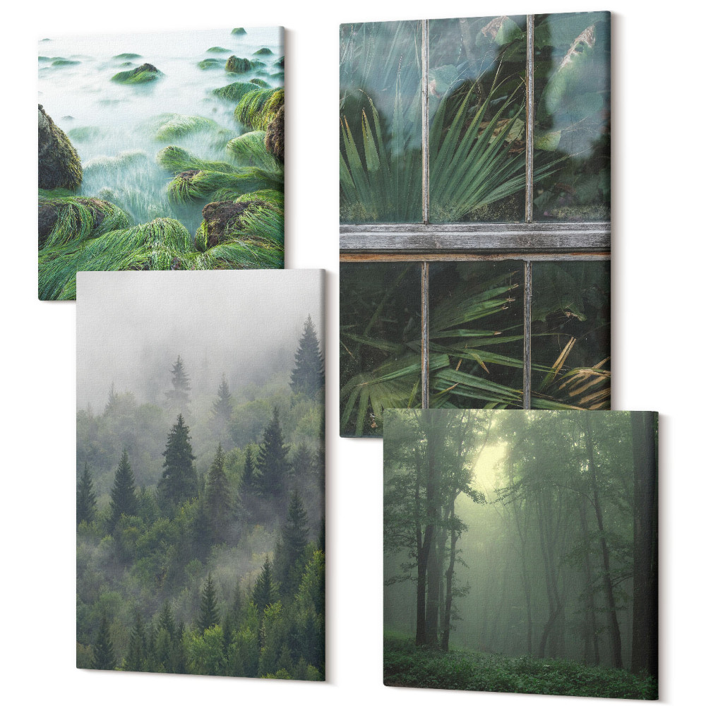 Tablou 4 piese O pădure în ceață, un mal de râu și o seră cu plante