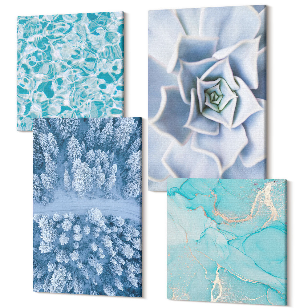 Tablouri multicanvas 4 piese Iarnă pădure floare albastră suprafața apei albastre