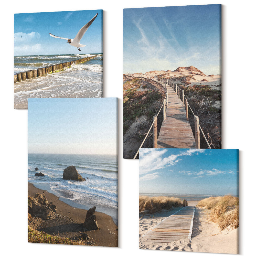 Tablouri canvas set 4 piese Vedere la plajă cu valuri, cer și un debarcader