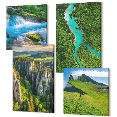 Tablou 4 piese Peisaje verzi de munte cu un râu și stânci