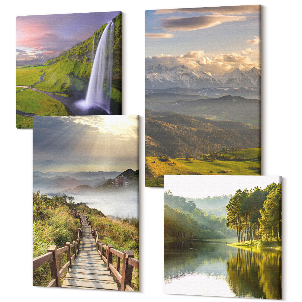 Tablouri canvas set 4 piese Peisaje montane pitorești cu o cascadă și o potecă