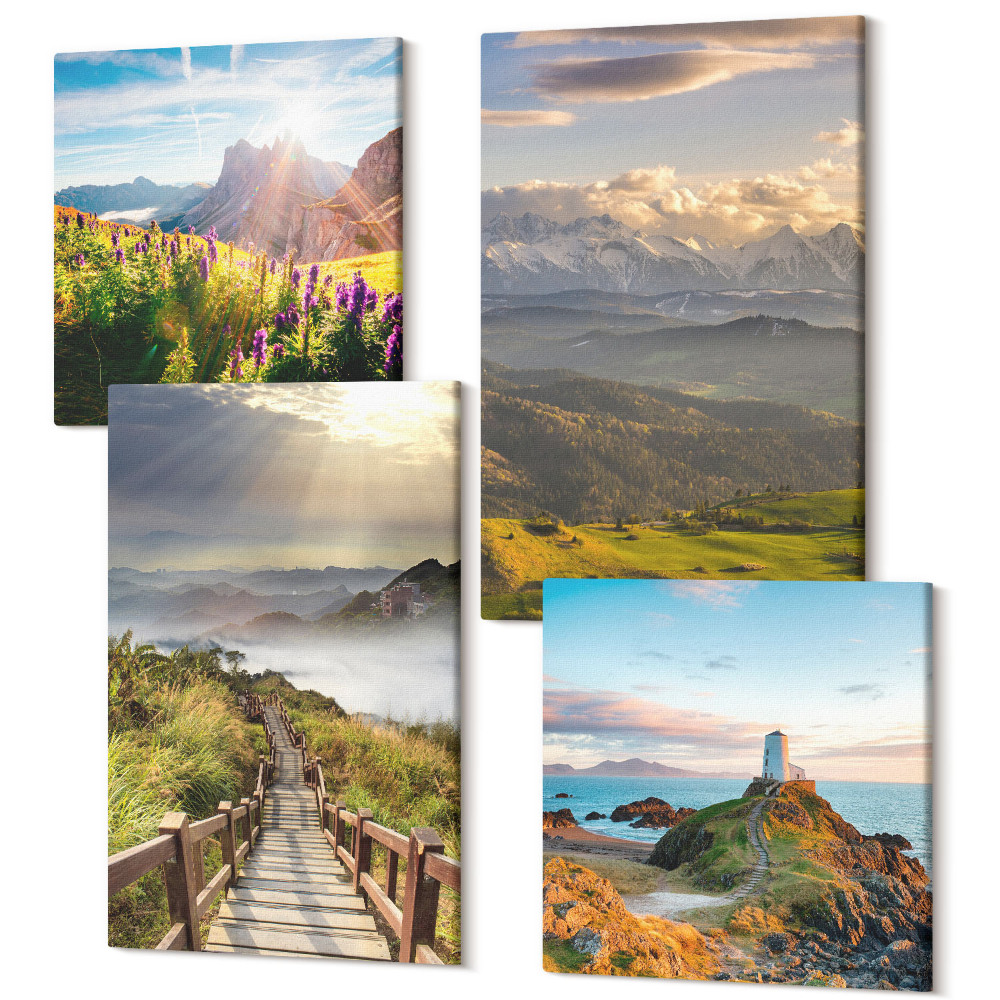 Tablouri multicanvas 4 piese Peisaje montane cu flori, cer si poteca