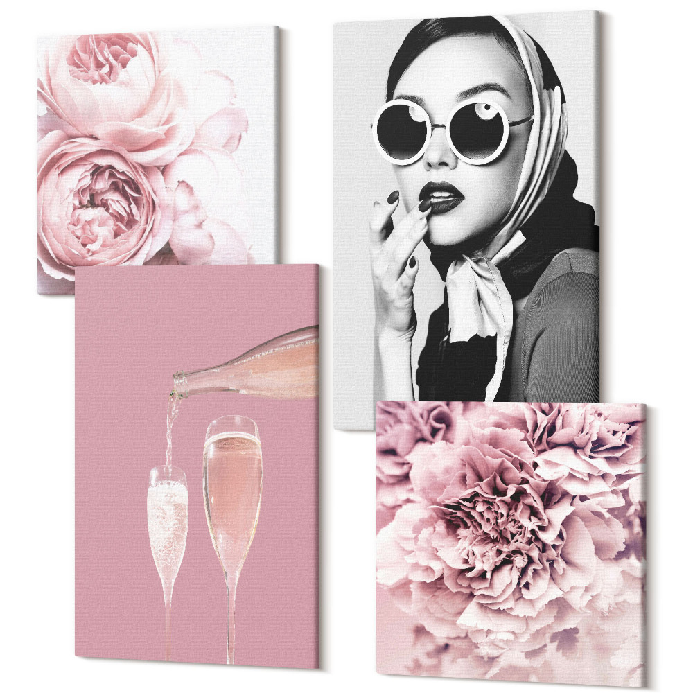 Tablouri canvas set 4 piese Flori bujori trandafiri șampanie și o femeie elegantă