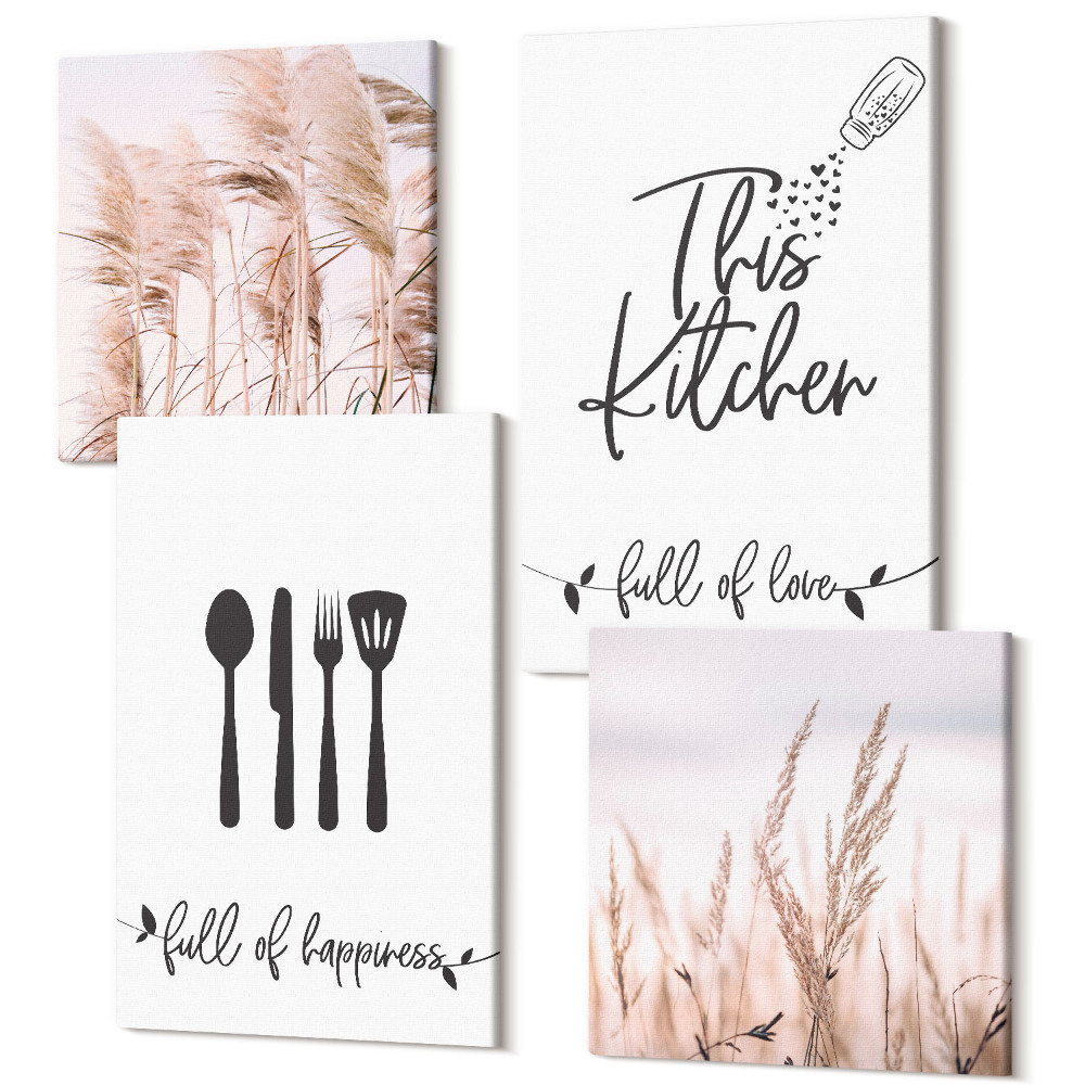 Tablou 4 piese Inscripții în bucătărie iarbă boho delicată