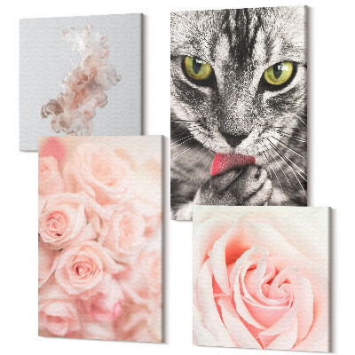 Tablouri canvas set 4 piese Pisica gri trandafiri delicati abstractie subtila