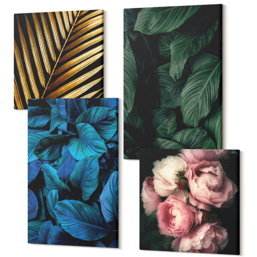 Tablou 4 piese Frunze și flori în diferite culori