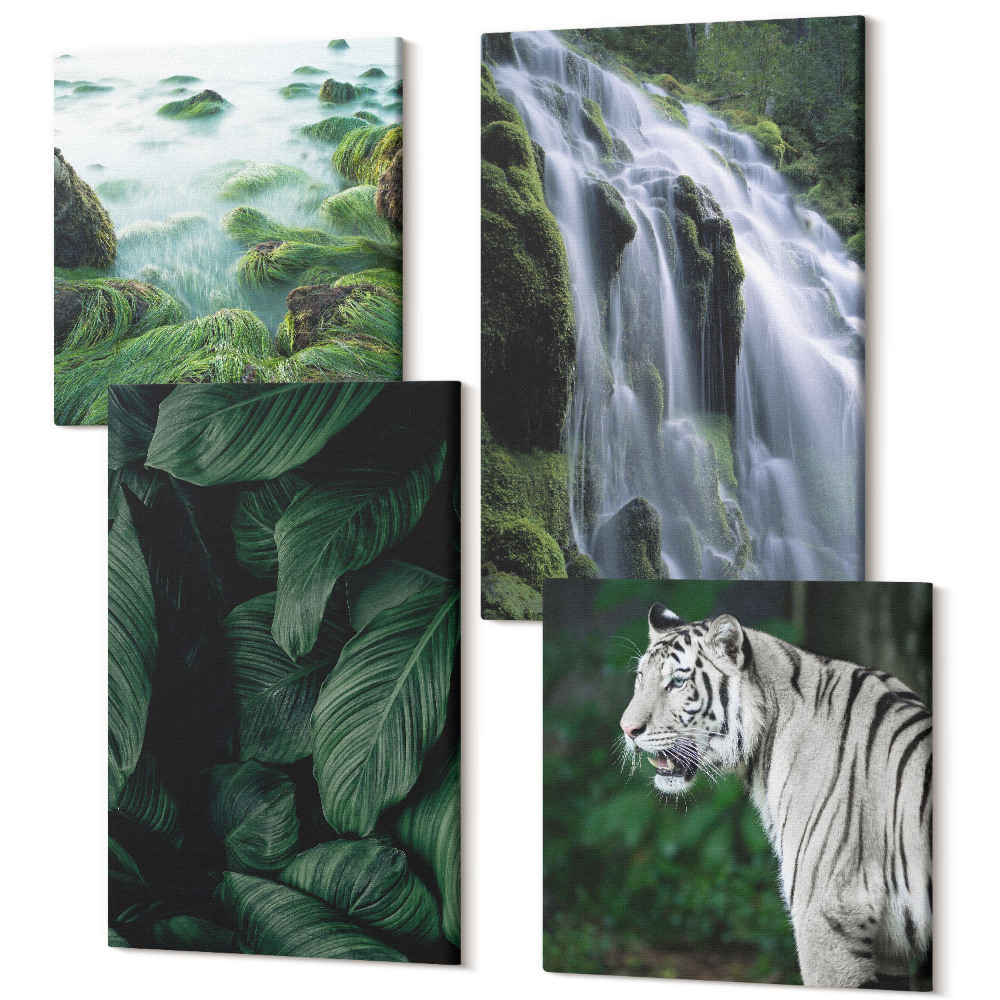 Tablouri canvas set 4 piese Frunze de tigru alb și cascadă în cadru natural