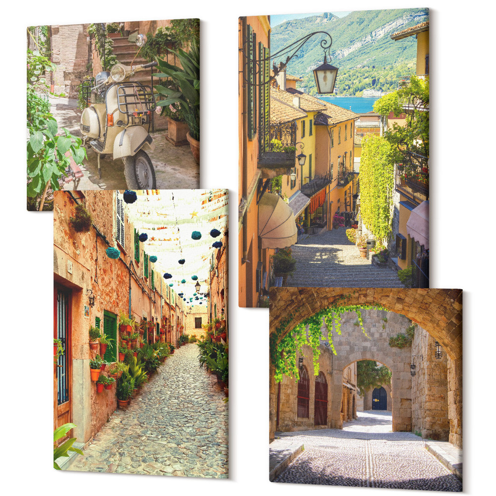 Tablouri canvas set 4 piese Străzi fermecătoare cu plante și pizza italiană