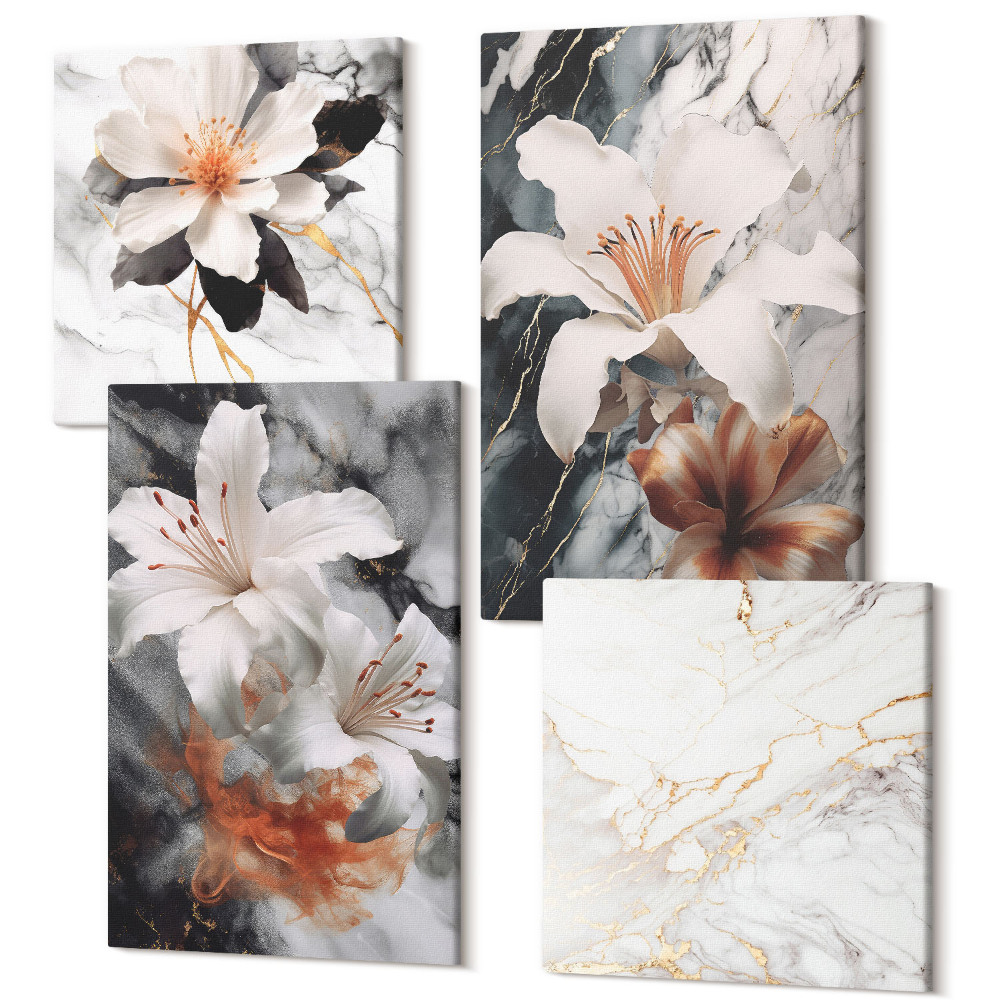 Tablouri multicanvas 4 piese Flori pe fond de marmură în nuanțe de alb și negru