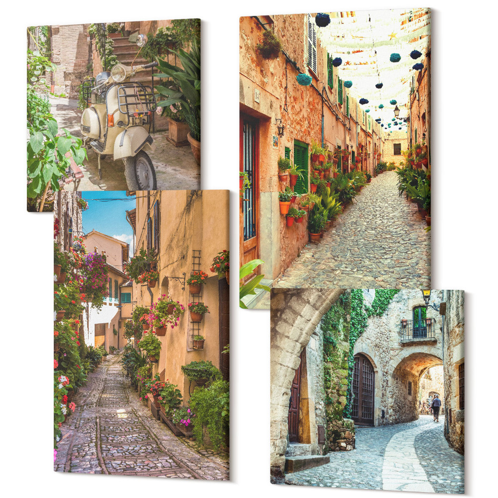 Tablouri canvas set 4 piese Străzi fermecătoare cu flori într-o atmosferă italiană