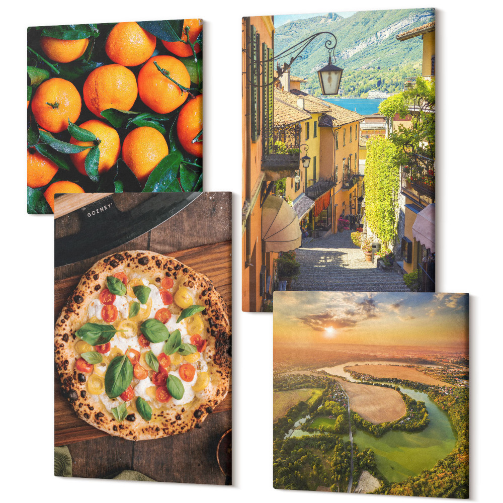 Tablouri canvas set 4 piese Peisaje italiene cu un râu, dealuri și o stradă a orașului