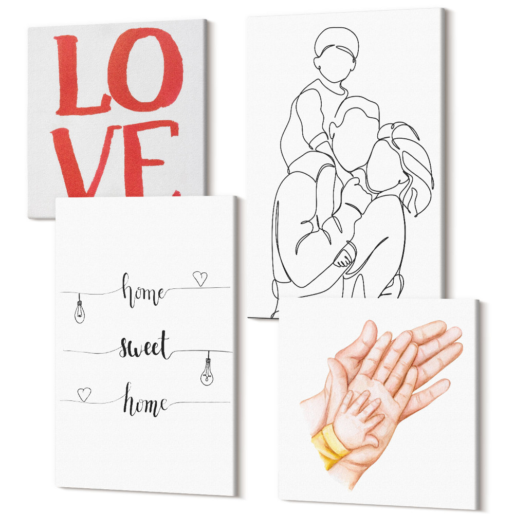 Tablouri multicanvas 4 piese Ilustrații de familie și inscripții de acasă despre viață și dragoste
