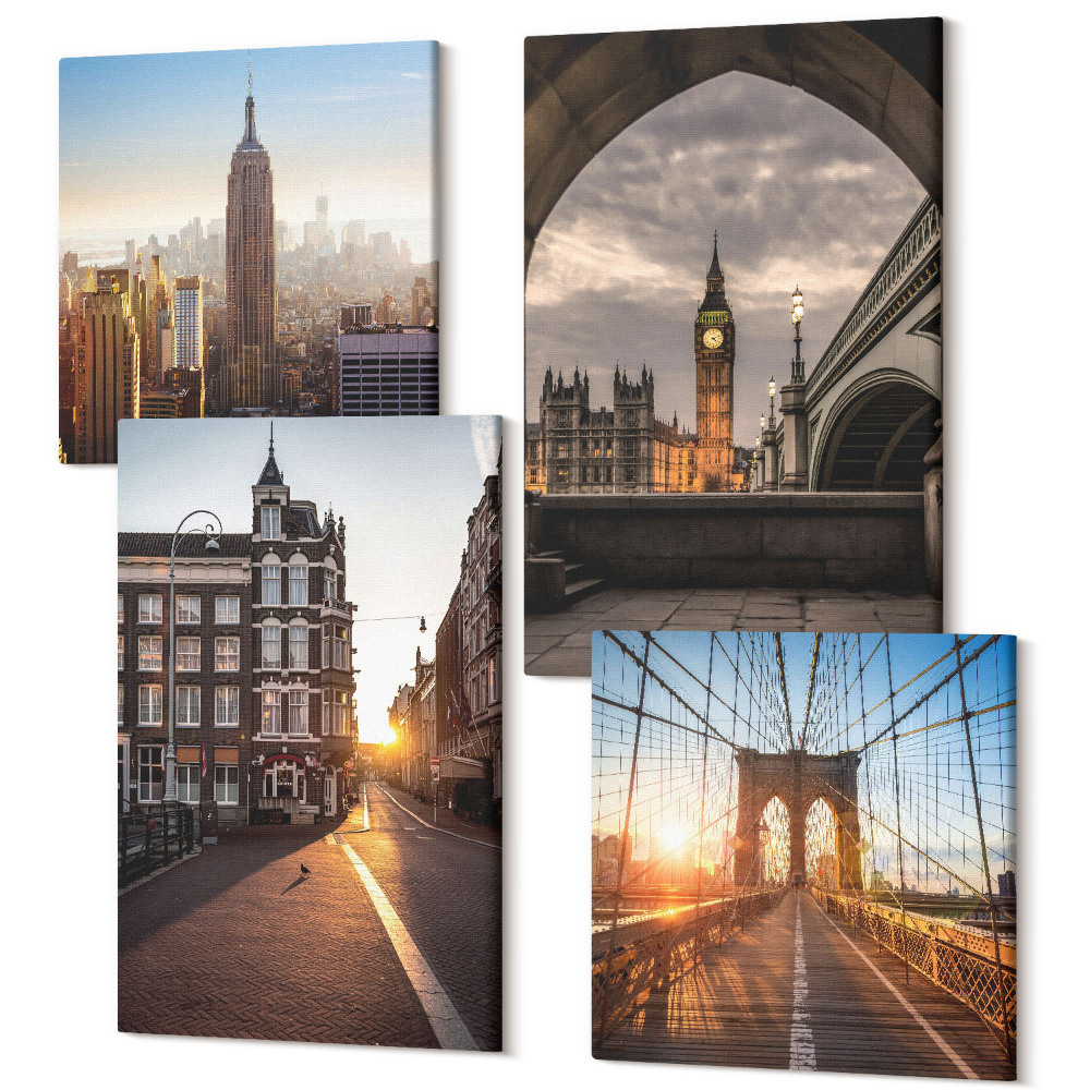 Tablouri multicanvas 4 piese Un set de poze cu un oraș, mâncare și o vedere a Londrei