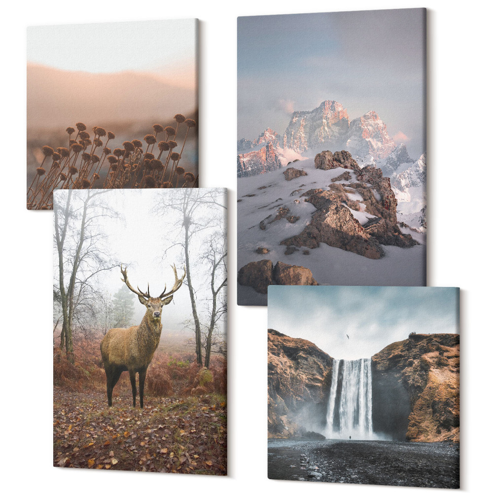 Tablouri canvas set 4 piese Peisaje naturale sălbatice munți căprioare și cascade