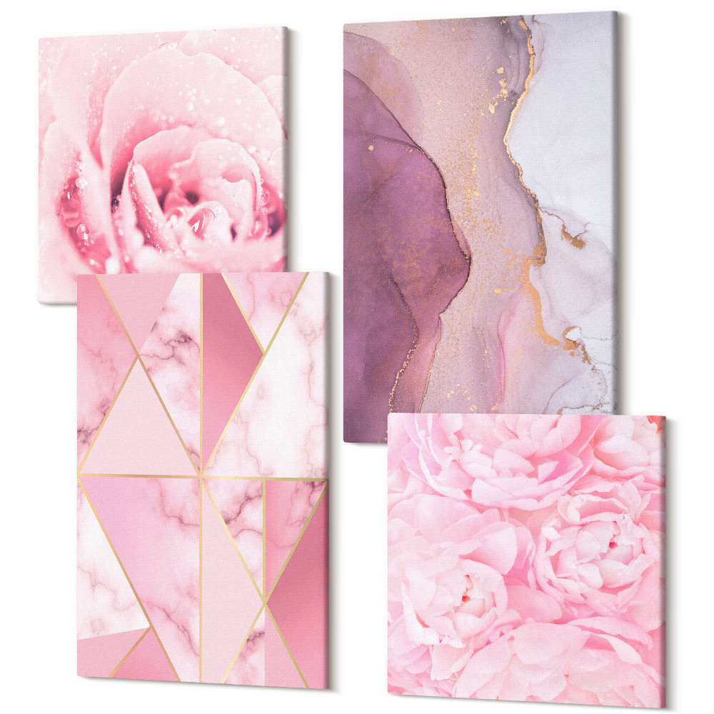 Tablou 4 piese Flori roz bujori modele geometrice