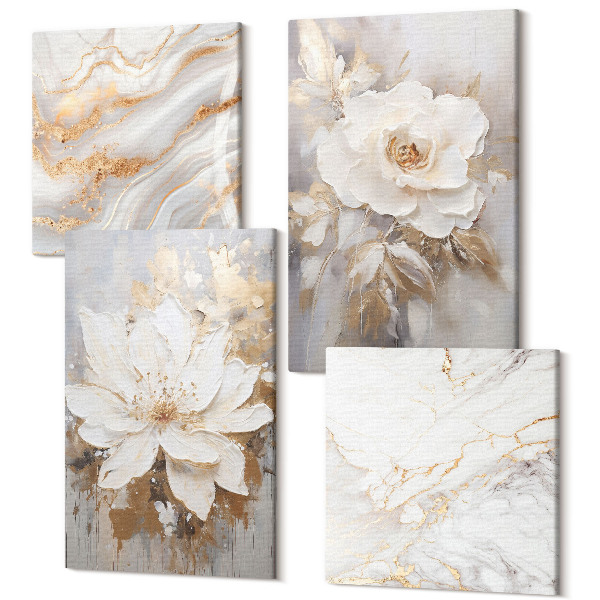 Tablou 4 piese Flori pe un fundal deschis cu modele abstracte de marmură