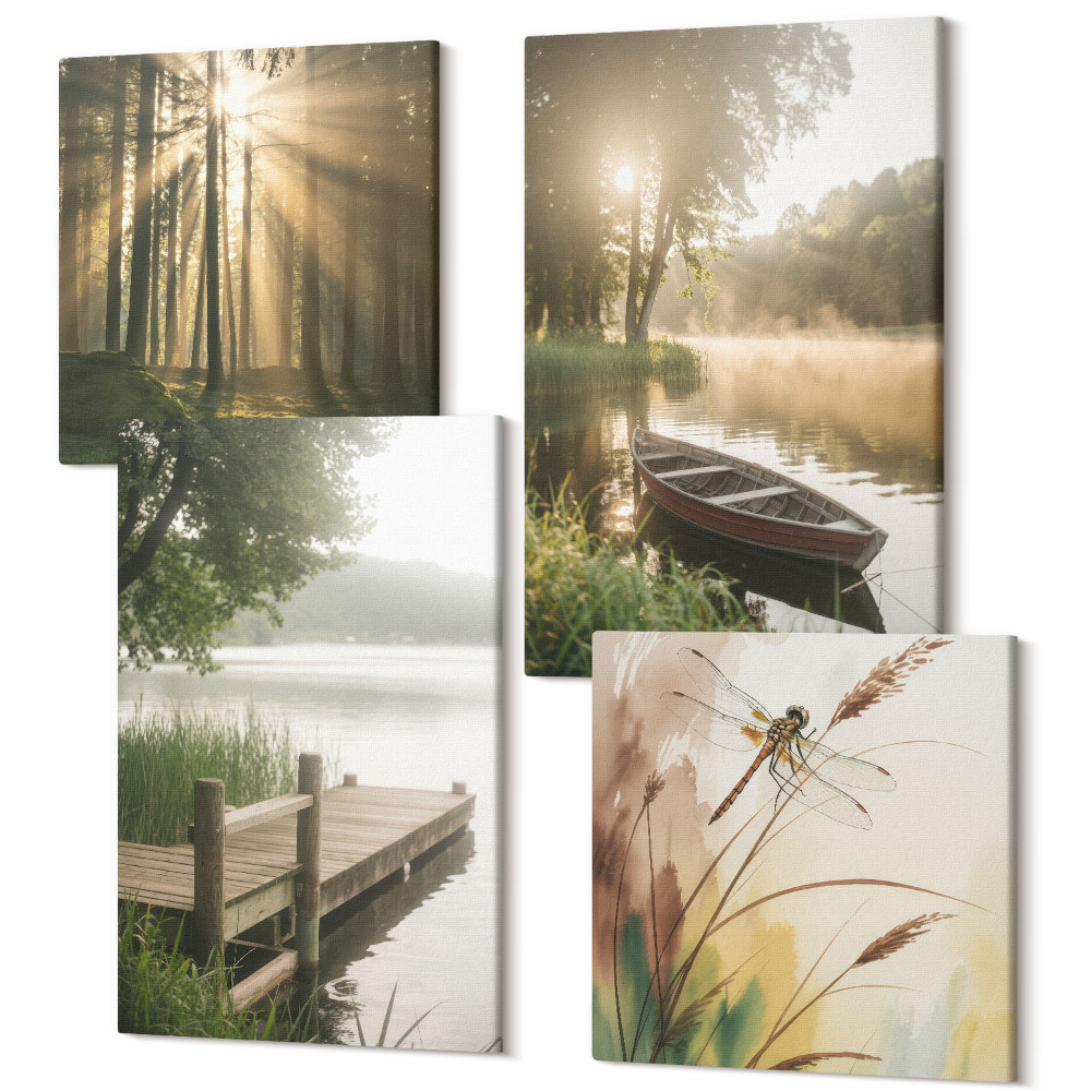 Tablouri canvas set 4 piese Un lac calm, o pădure și o barcă în ceața dimineții