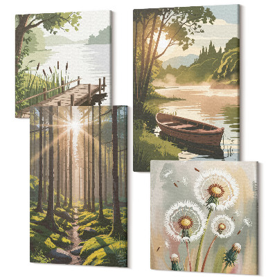 Tablouri multicanvas 4 piese Peisaje liniștite de pădure și lac cu o barcă