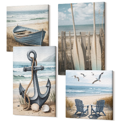 Tablou 4 piese Ancoră și vâsle pe plaja cu mare