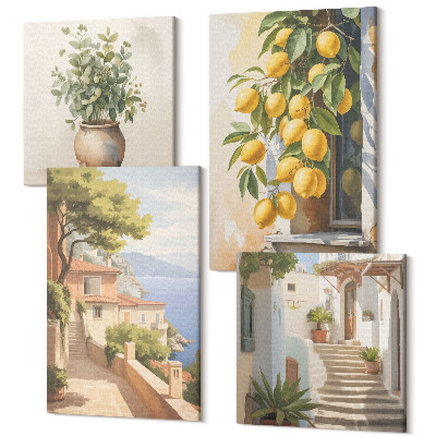 Tablouri multicanvas 4 piese Flori într-o vază cu vedere la mare și lămâi