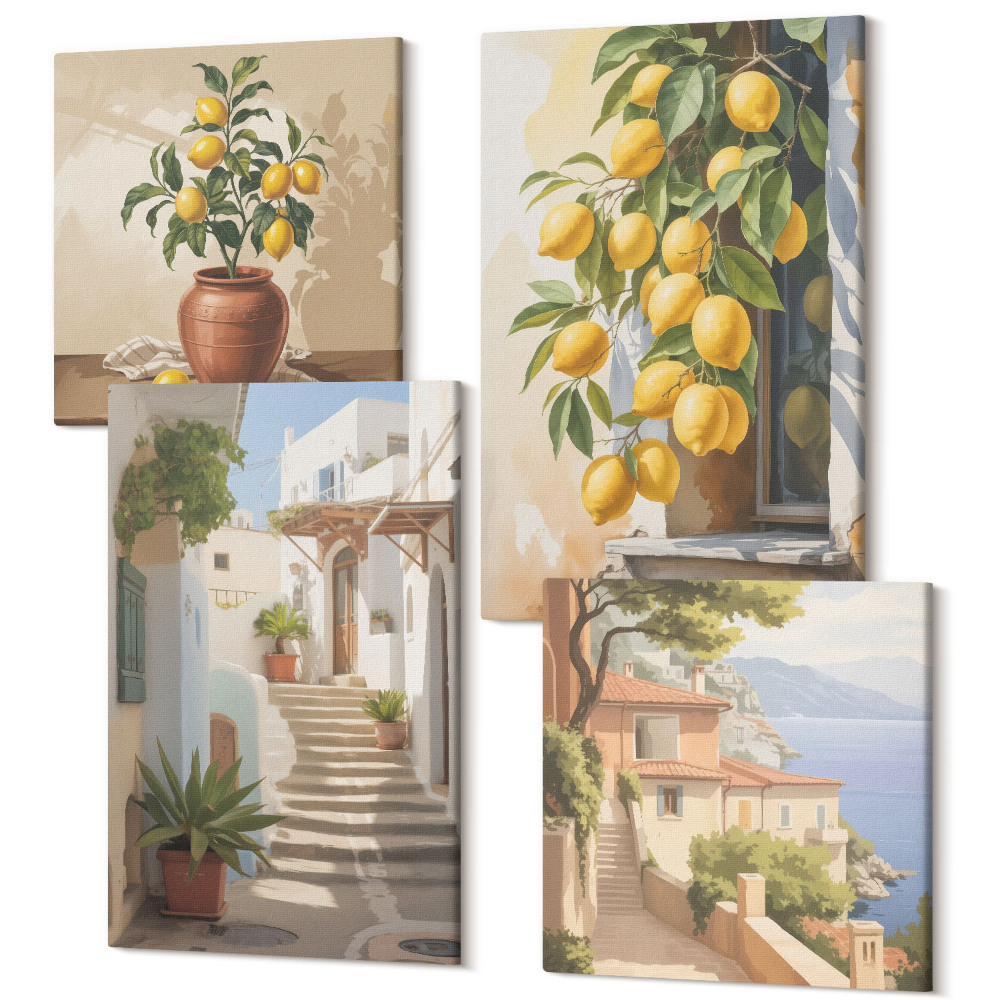 Tablou 4 piese Străzi fermecătoare cu lămâi și vedere la mare