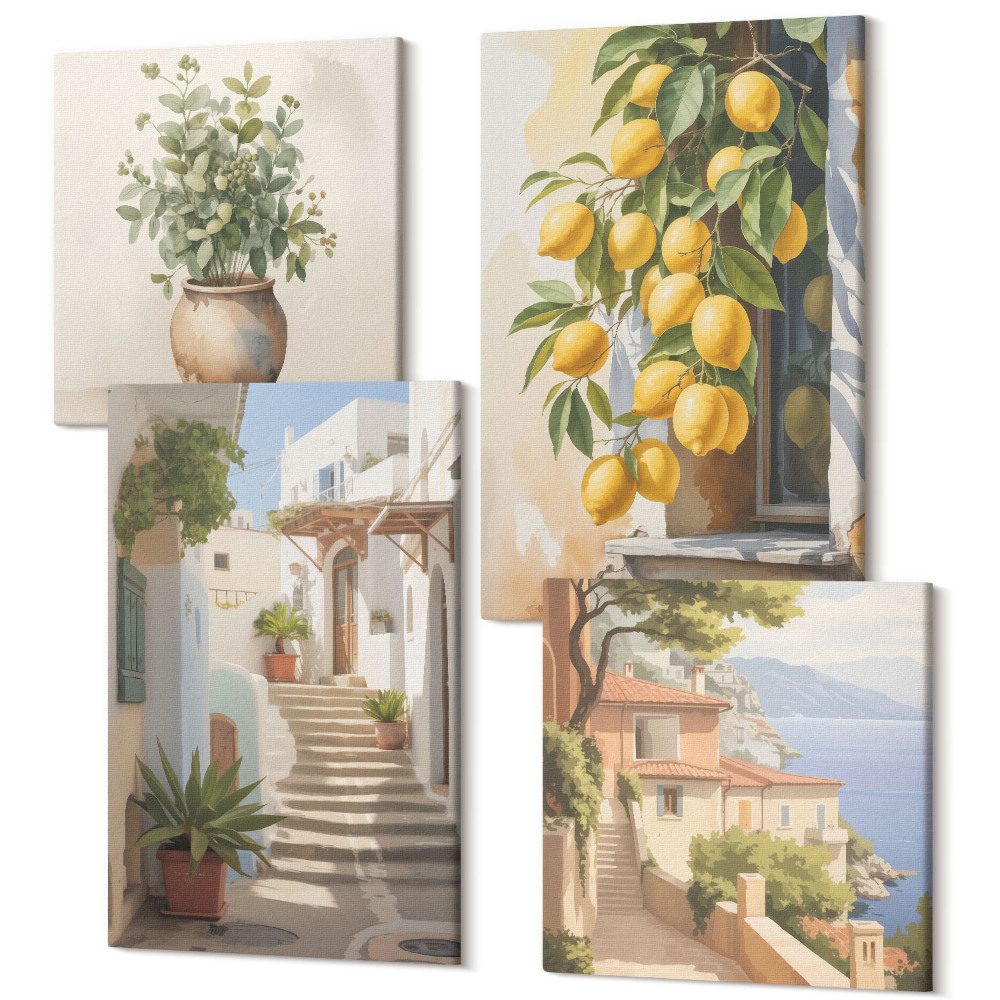 Tablouri canvas set 4 piese Plante în ghiveci și lămâi pe fundalul unei străzi