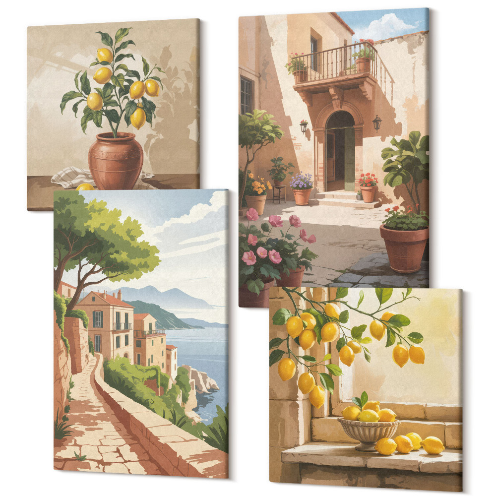 Tablouri canvas set 4 piese Citrice în bucătărie cu vedere la mare și la oraș fermecător