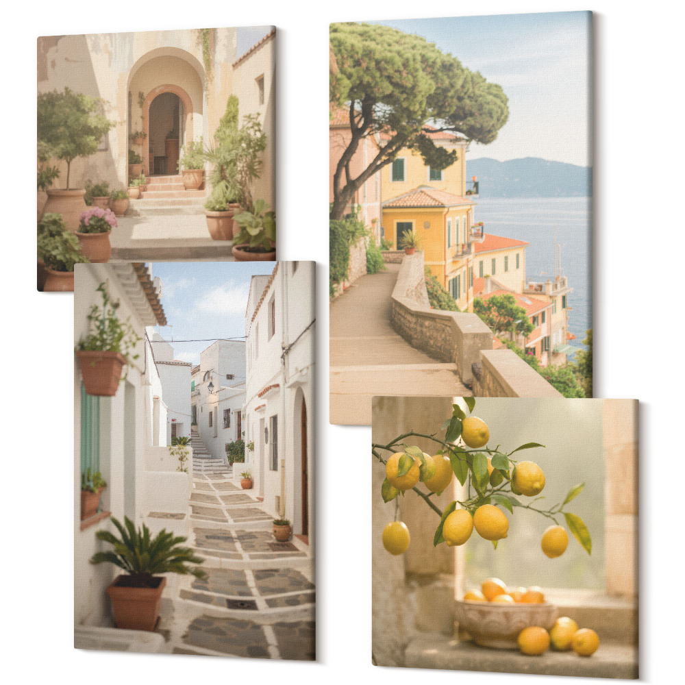 Tablouri multicanvas 4 piese Vedere la arborele de citrice de la fereastră și arhitectura de pe litoral