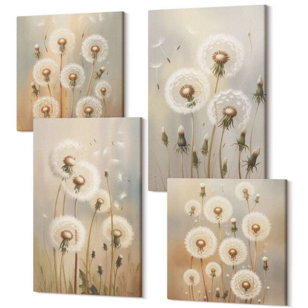Tablouri canvas set 4 piese Păpădii albe pe un fundal de culori strălucitoare