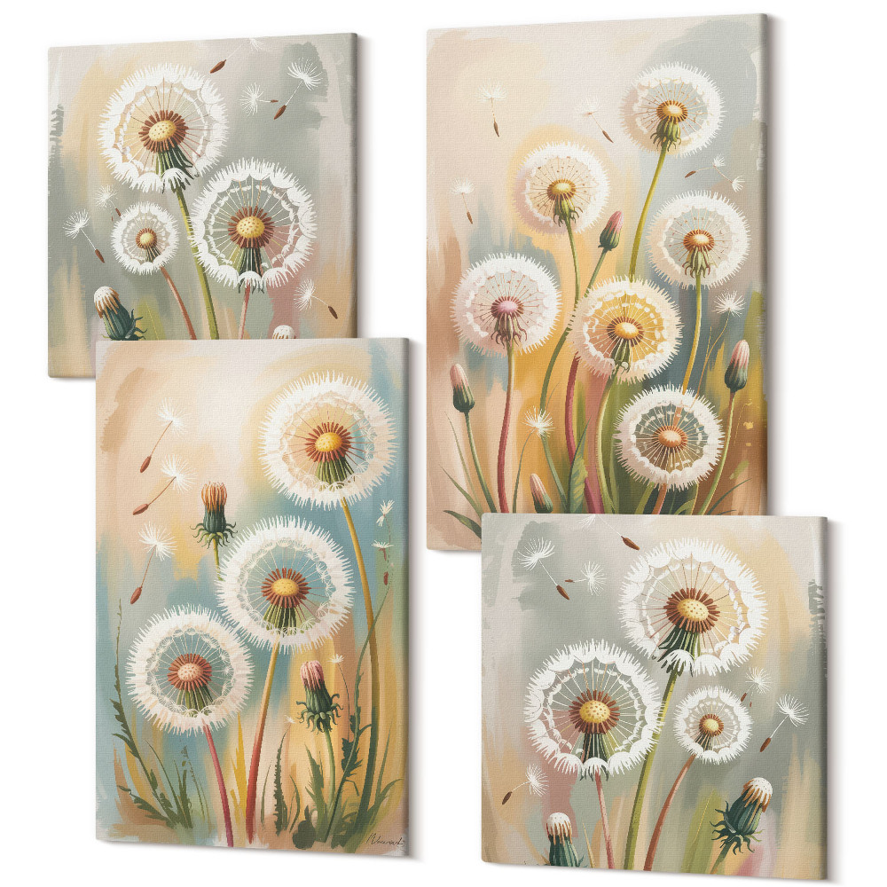 Tablou 4 piese Flori de păpădie pe un fundal de ierburi pastelate