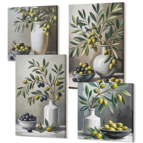 Tablou 4 piese Măsline în vase ceramice pe fond gri