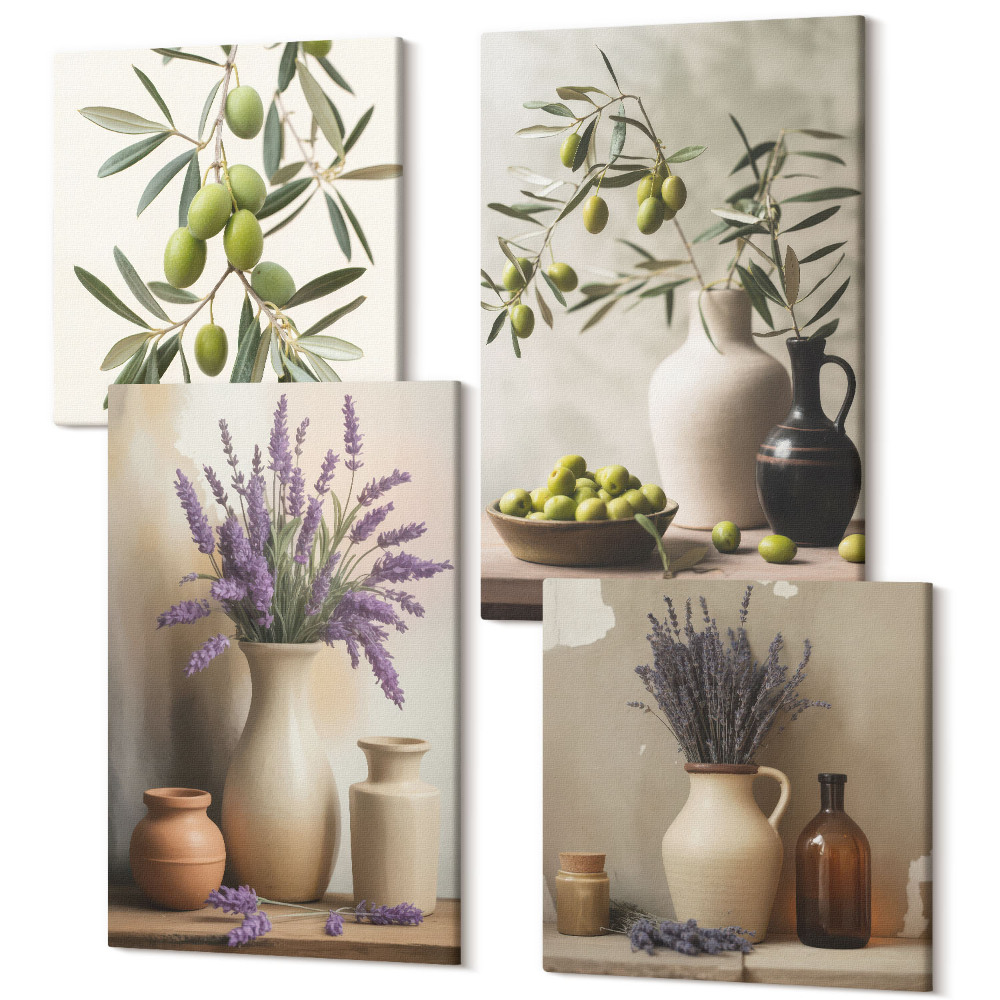 Tablouri canvas set 4 piese Flori in vaze, masline si decoratiuni naturale