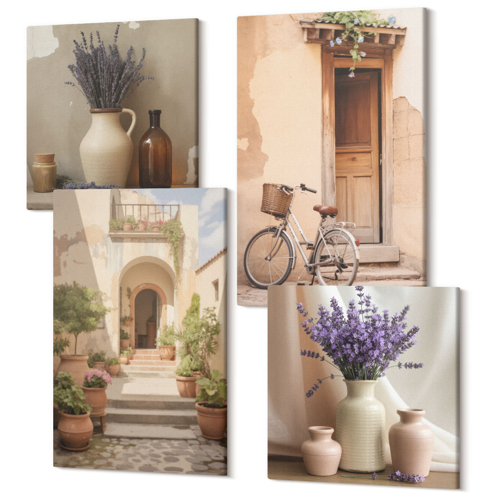 Tablou 4 piese Flori de lavandă, măsline și arhitectură italiană