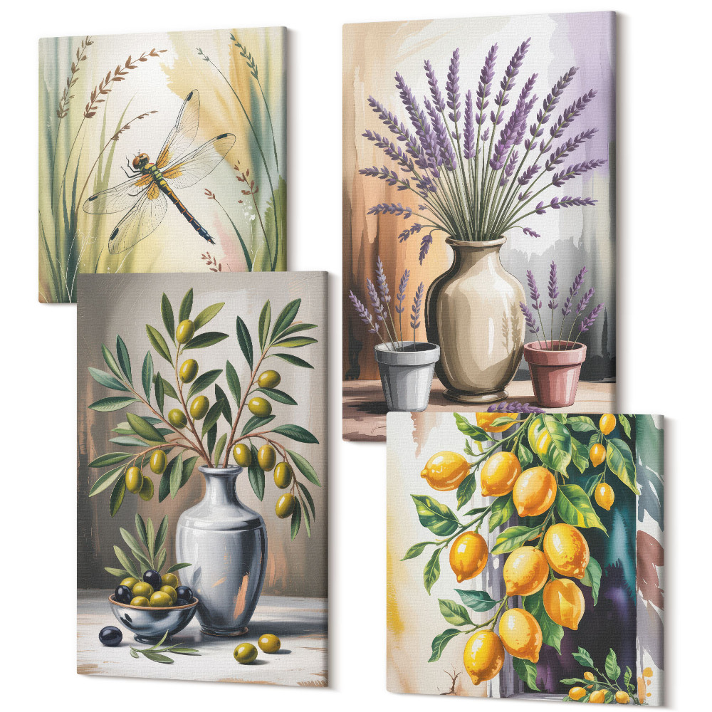 Tablouri canvas set 4 piese Flori și măsline în vaze natură lămâie
